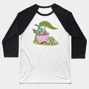 Skull filled with mushrooms chilling with a frog Baseball T-Shirt